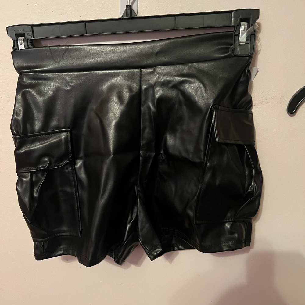 Black Faux Leather Shorts with Pockets